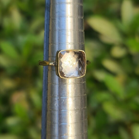 925 Gold Vermeil Sterling Silver Ring Clear Faceted Square Stone Modern, Sz 5.75 - Picture 1 of 6